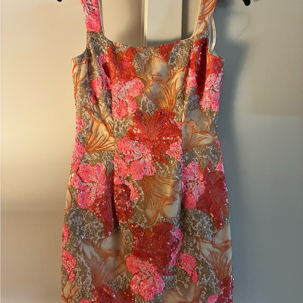 Marchesa Pink & Gold Sequin Floral Mini Dress